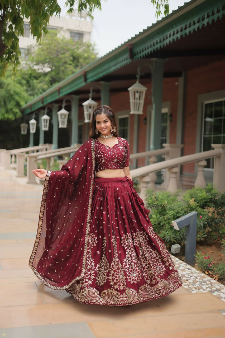 Vastranavya Designer Heavy Sequins & Thread Embroidered work Lehenga Choli - Maroon | Grocsy