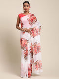 Ahalyaa Women's White Chiffon Floral Digital Print Saree | Grocsy