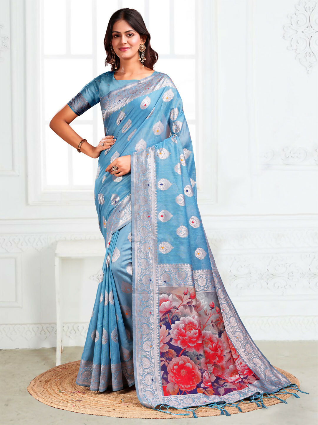 Shree Shyam Fashion Linen Cotton Sky Blue Saree | Grocsy