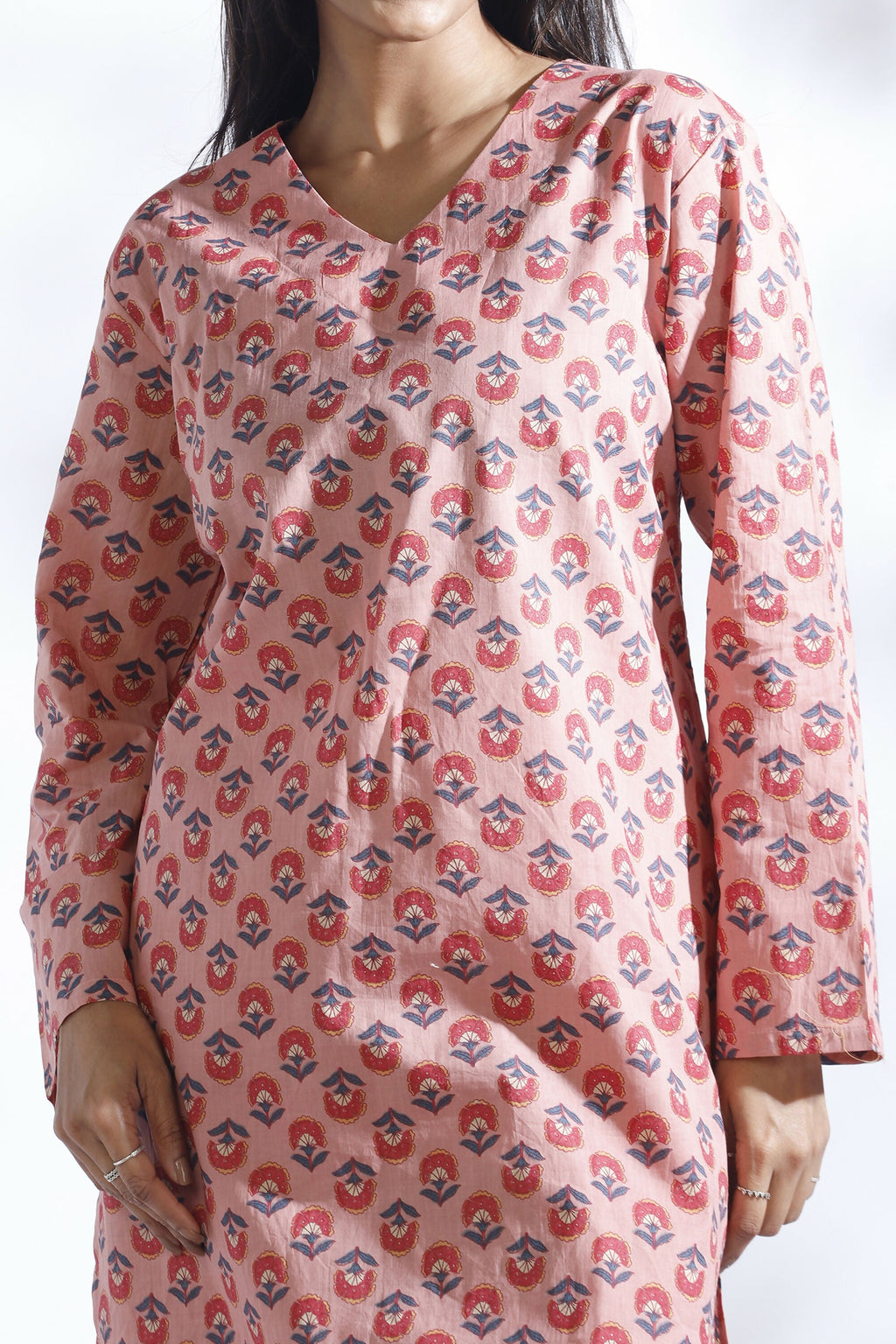 Breathables Women’S Loungewear Long Kurta Co-Ord Set Cotton Pink Indian Motif Butta Print | Grocsy