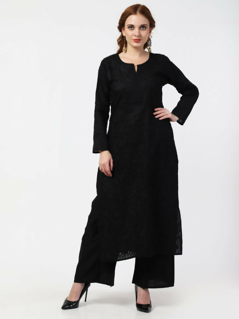 Cheera Women Stylish Hand Chikenkari Cotton Kurta With Palazzo - Black | Grocsy