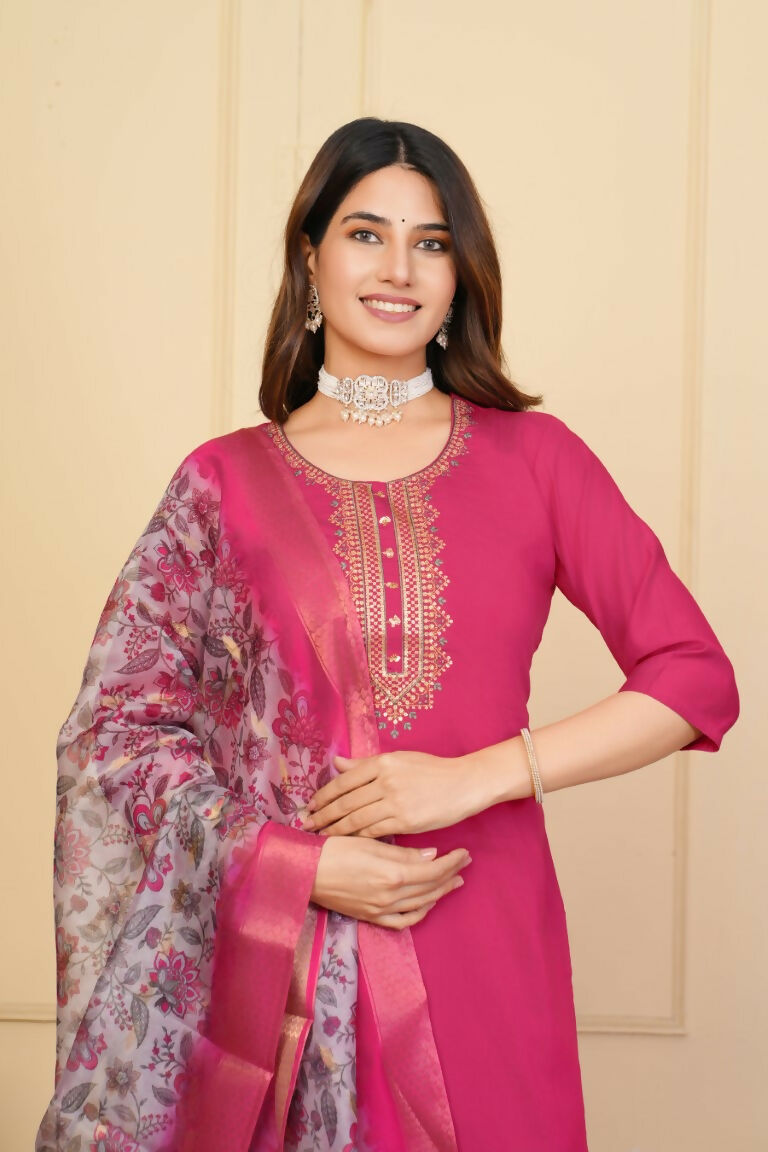 Red Viscose Chanderi Embroidered Stitched Suit With Dupatta - Tanisha | Grocsy