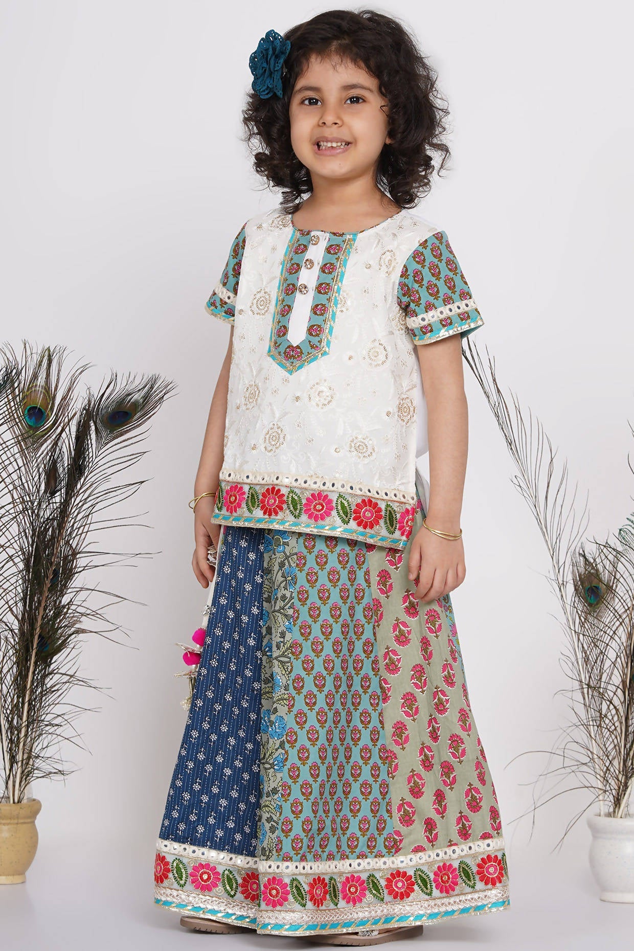 Little Bansi Girls Cotton Embroidery Kurta With Lehenga & Tussel - White & Multicolor | Grocsy