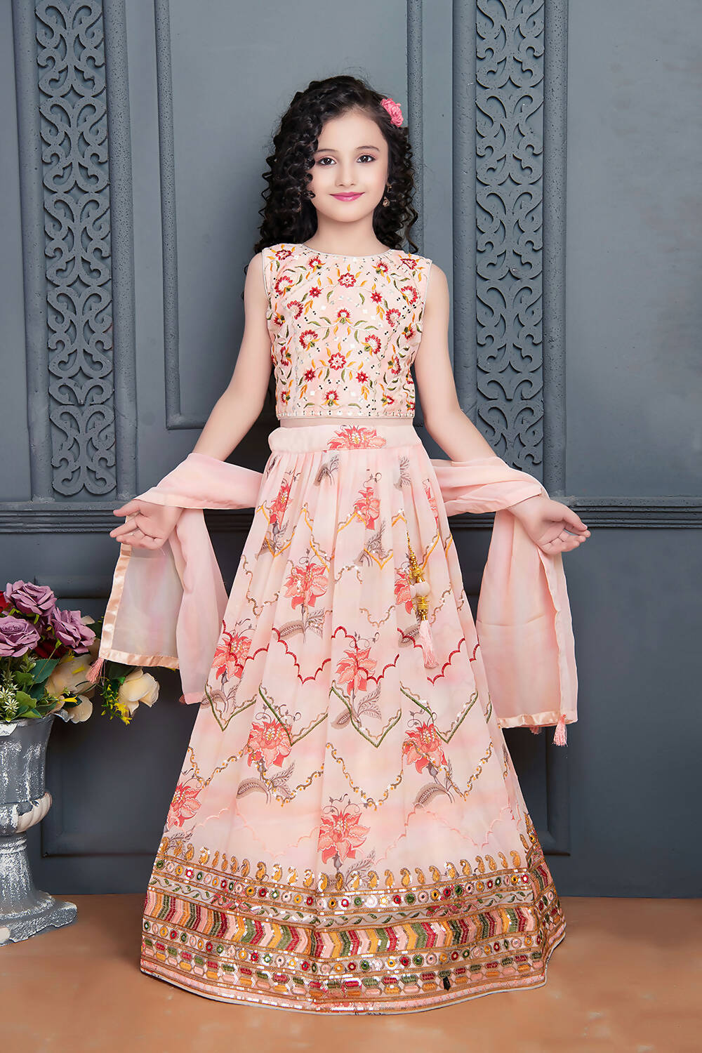 Kids Wedding Designer Peach Heavy Georgette Lehenga Choli - Aaradhna | Grocsy