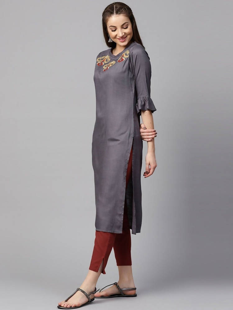 Yufta Women Grey & Maroon Solid Kurta with Trouser | Grocsy