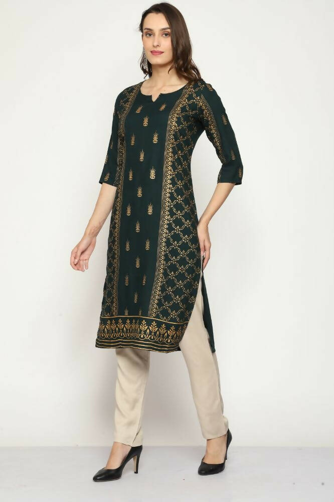 Maai Rayon Hand Printed Kurta Green | Grocsy