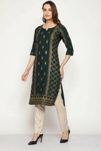 Maai Rayon Hand Printed Kurta Green | Grocsy