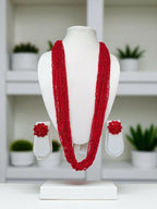 Inhanns Rangsaaz 20-Layer Luxe Long Beaded Necklace (With Optional Statement Earrings) - Red With Earring | Grocsy