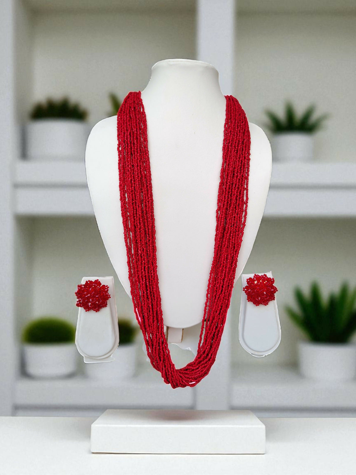 Inhanns Rangsaaz 20-Layer Luxe Long Beaded Necklace (With Optional Statement Earrings) - Red With Earring | Grocsy