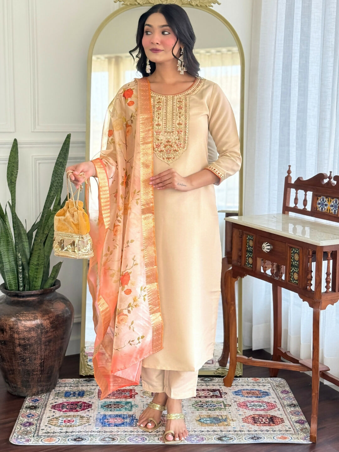 The52 Chiku Women's Beautiful Rayon Fabric Embroidered Work Straight Kurta Pant and Dupatta Set | Grocsy