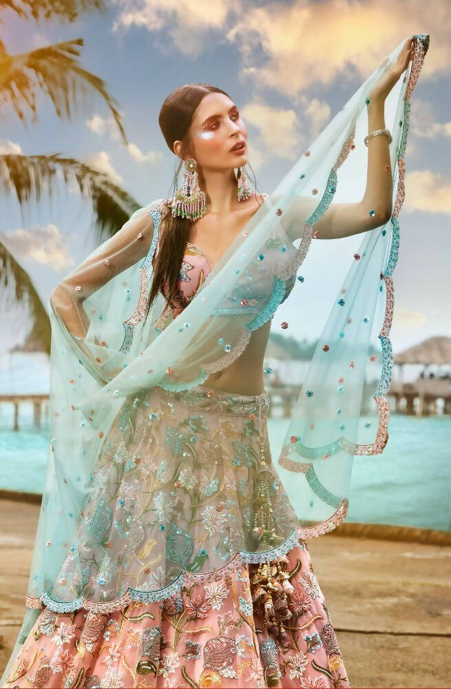 House of Panchhi Pink Net Sequins And Zarkan Embroidery Lehenga Choli & Dupatta | Grocsy