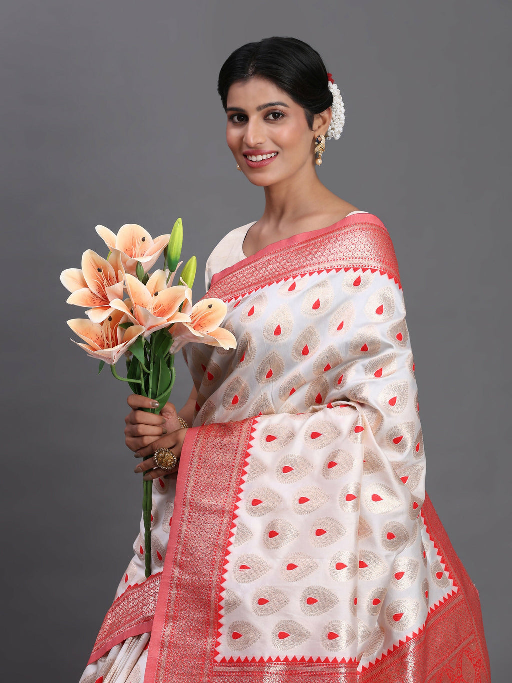 Shree Shyam Fashion Banarasi Silk Red & White Saree | Grocsy