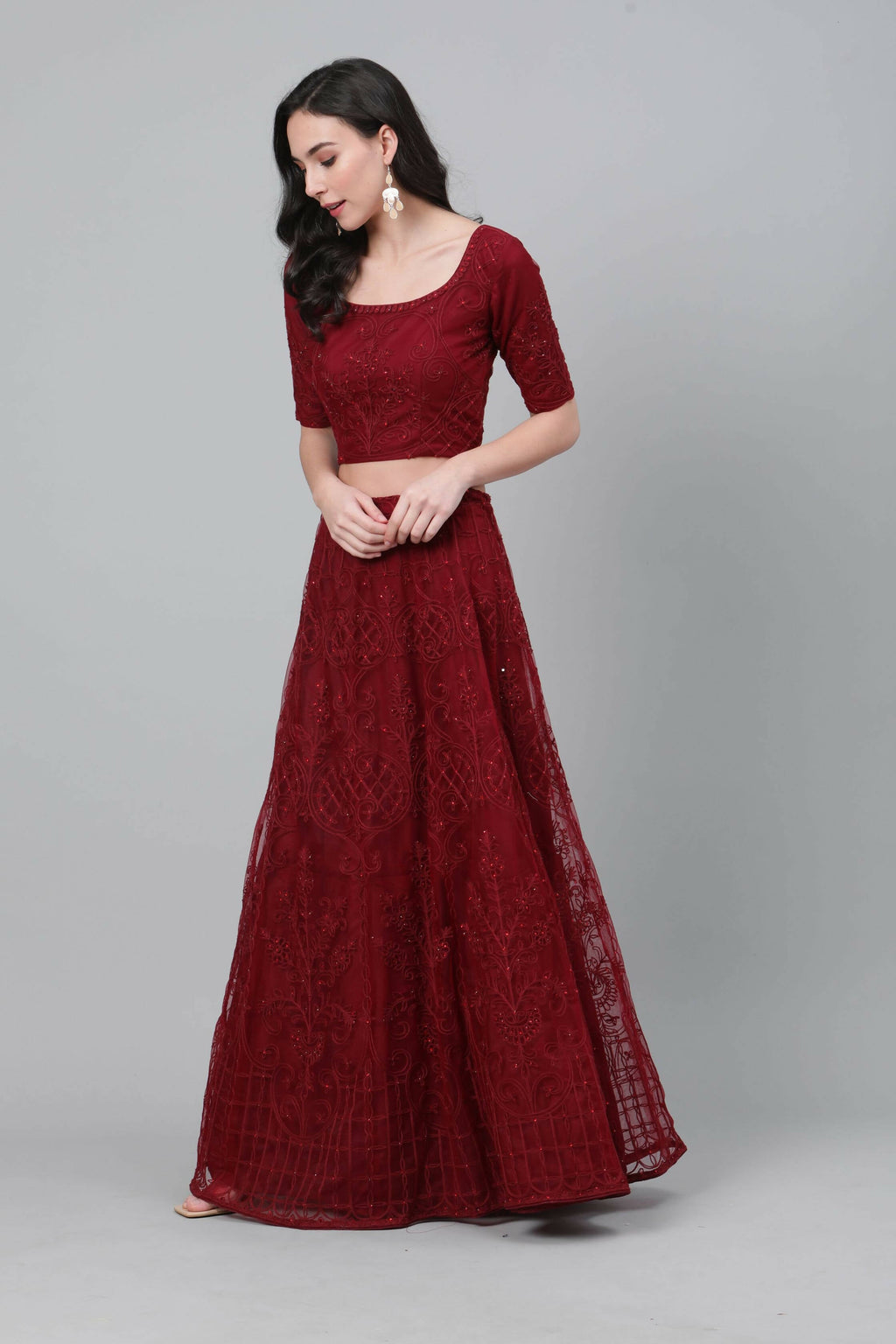 Maroon Net Thread embroidery with stone work Lehenga Choli with Dupatta - Jivika | Grocsy