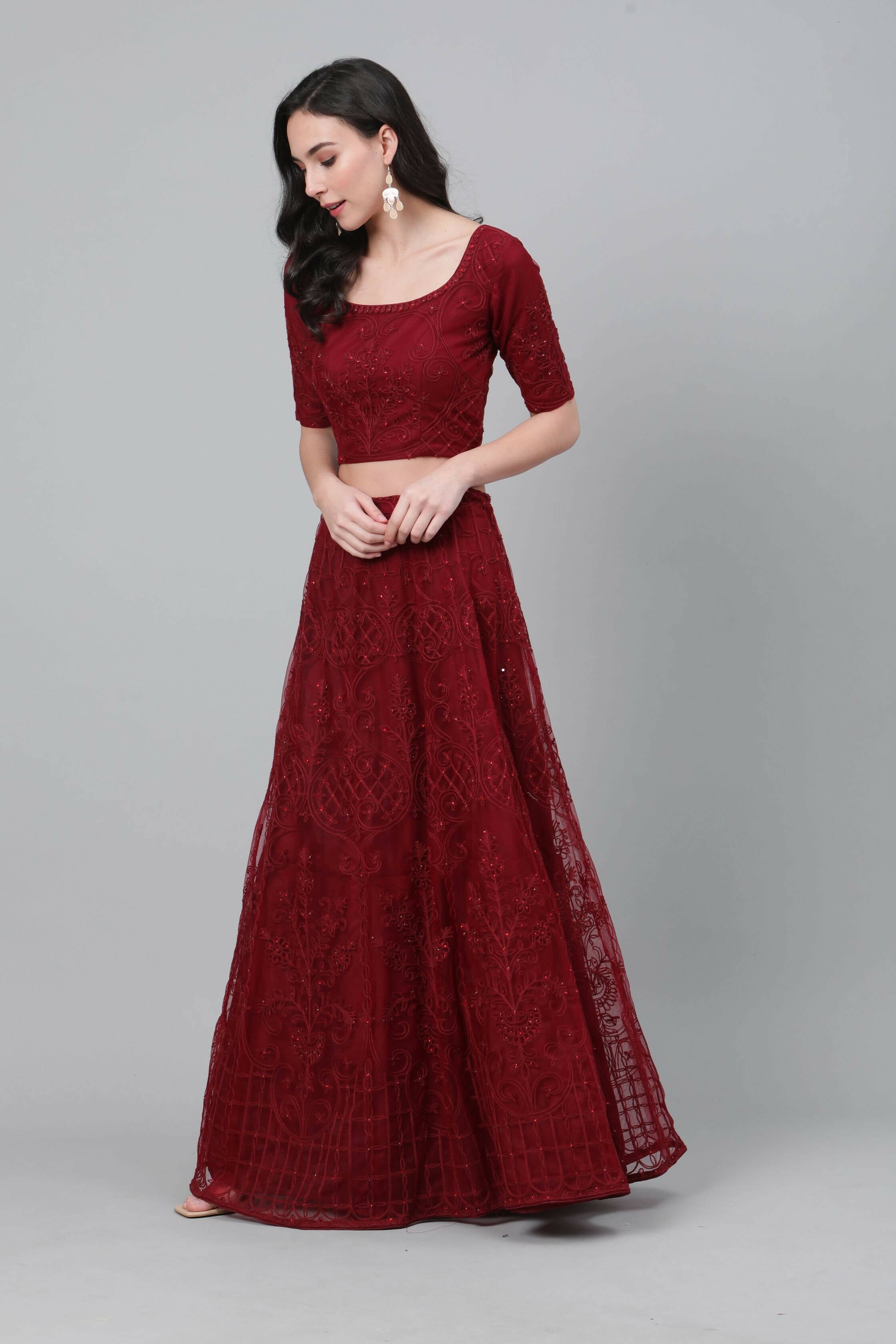 Maroon Net Thread embroidery with stone work Lehenga Choli with Dupatta - Jivika | Grocsy
