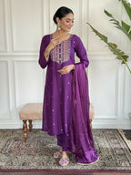 Purple Rayon Slub Stitched Suit With Dupatta - Tanisha | Grocsy