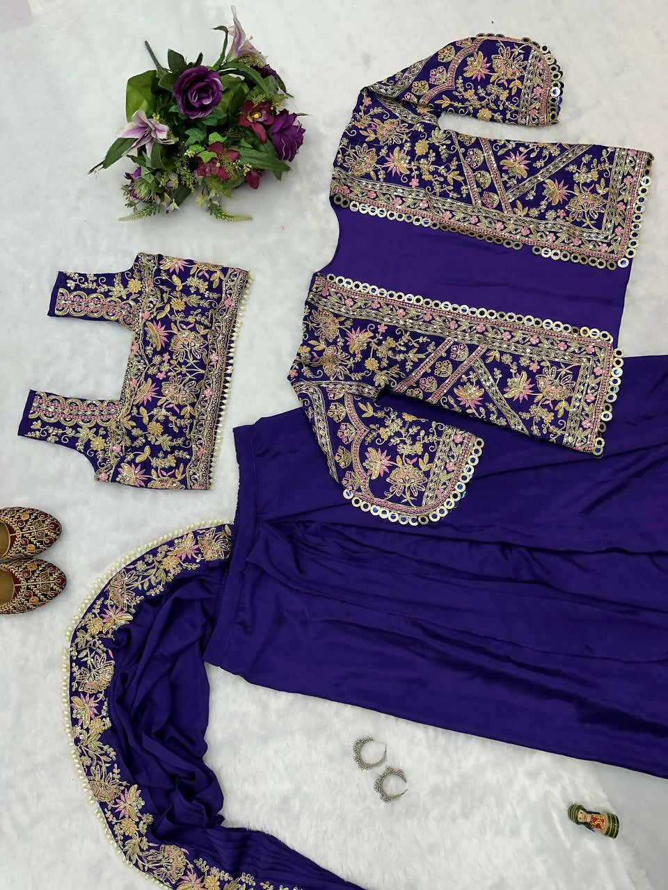 Teeya Creation Purple Color Chinon Silk Embroidery Work Ready To Wear Party Wear Saree With Koti | Grocsy