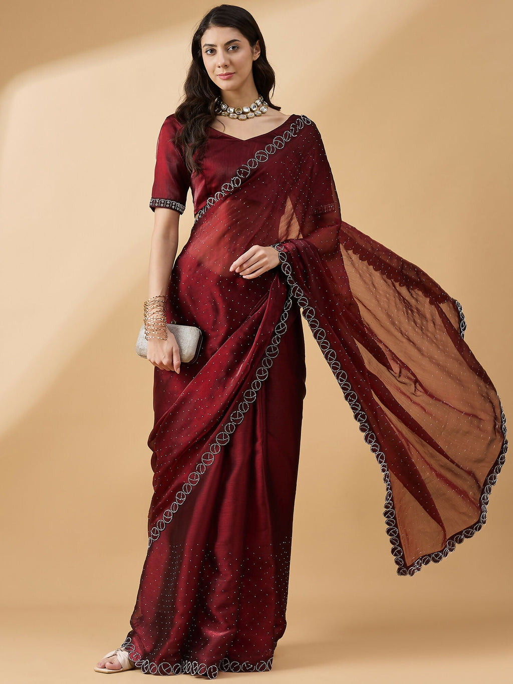 Brown Organza Swaroski Diamond Work Saree with Unstitched Blouse - Radha | Grocsy