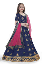 Dwiden Navy Blue Kamal Tafetta Sattin Semi-Stitched Girl's Lehenga Cholin Kamal Tafetta Sattin Semi-Stitched Girl's Lehenga Choli | Grocsy