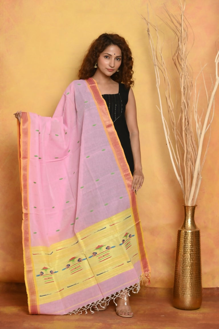 Very Much Indian Handloom Pure Cotton Paithani Dupatta Pink | Grocsy