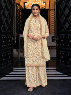 Myra Off White Chinon with Georgette Embroidered Palazzo Suit | Grocsy