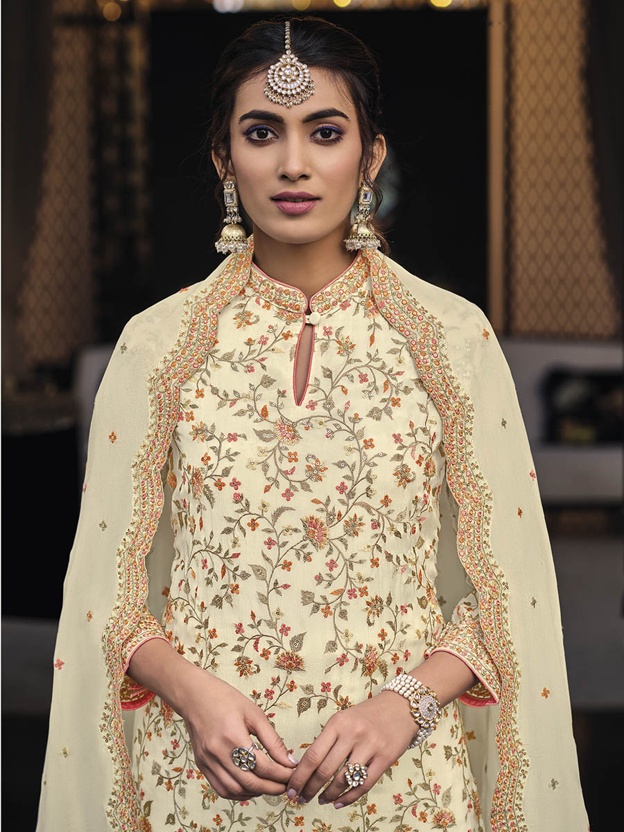 Myra Off White Chinon with Georgette Embroidered Palazzo Suit | Grocsy