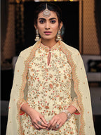 Myra Off White Chinon with Georgette Embroidered Palazzo Suit | Grocsy
