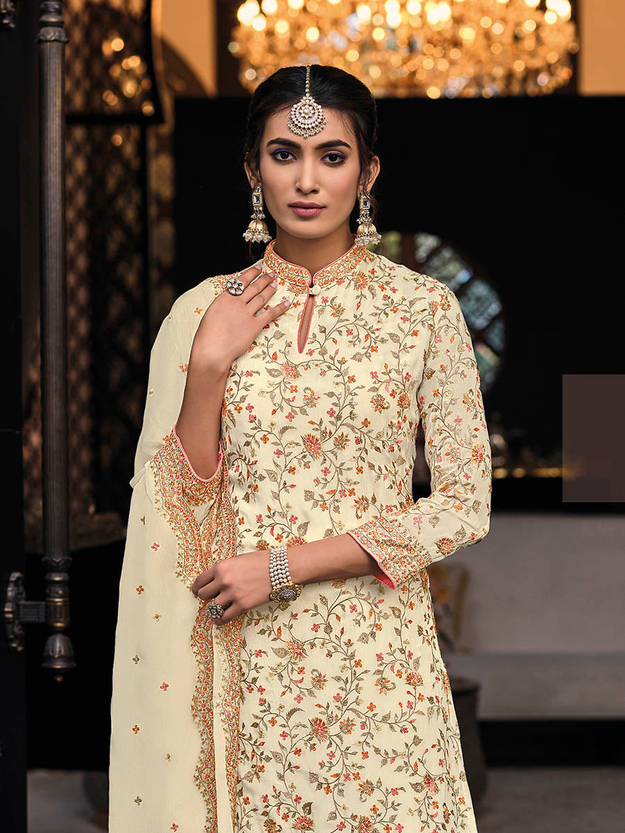 Myra Off White Chinon with Georgette Embroidered Palazzo Suit | Grocsy