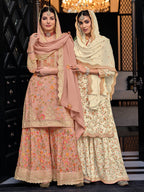 Myra Off White Chinon with Georgette Embroidered Palazzo Suit | Grocsy