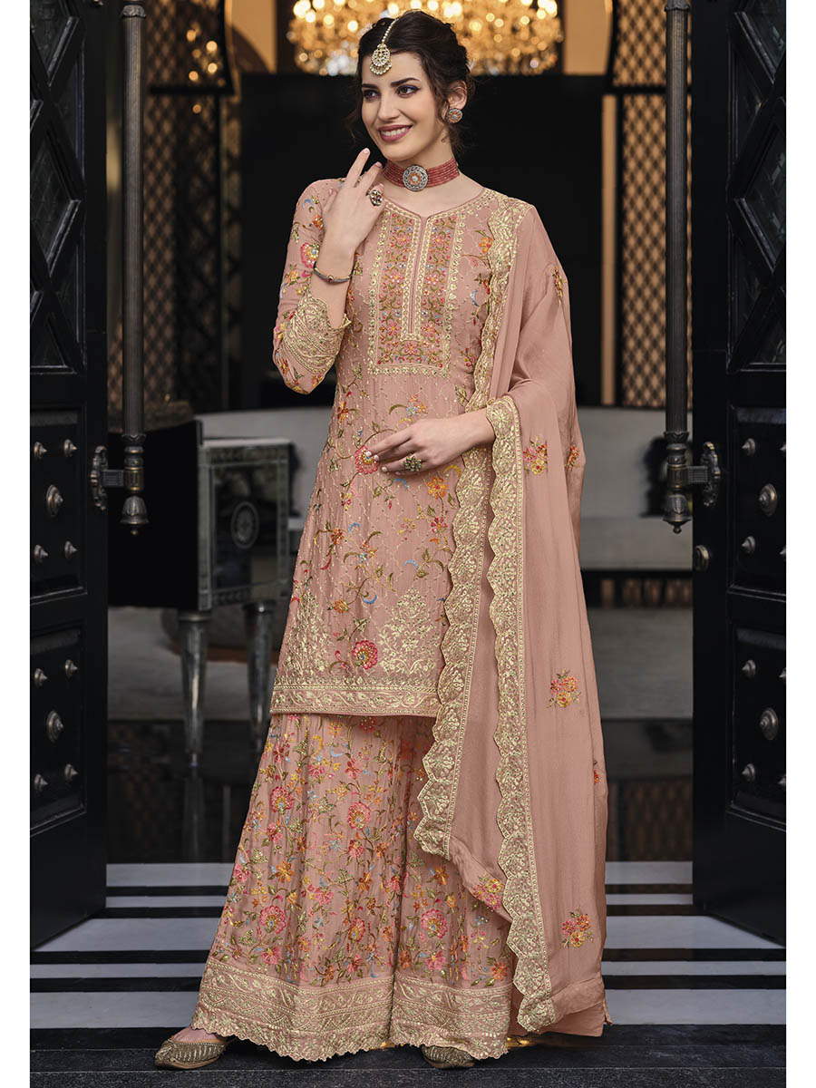 Myra Dusty Peach Chinon with Georgette Embroidered Palazzo Suit | Grocsy