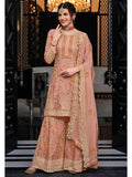 Myra Dusty Peach Chinon with Georgette Embroidered Palazzo Suit | Grocsy