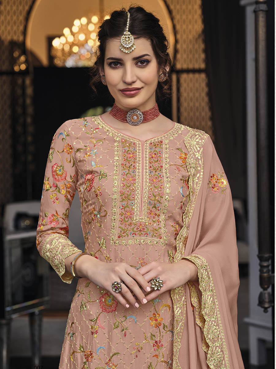 Myra Dusty Peach Chinon with Georgette Embroidered Palazzo Suit | Grocsy
