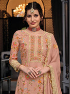 Myra Dusty Peach Chinon with Georgette Embroidered Palazzo Suit | Grocsy