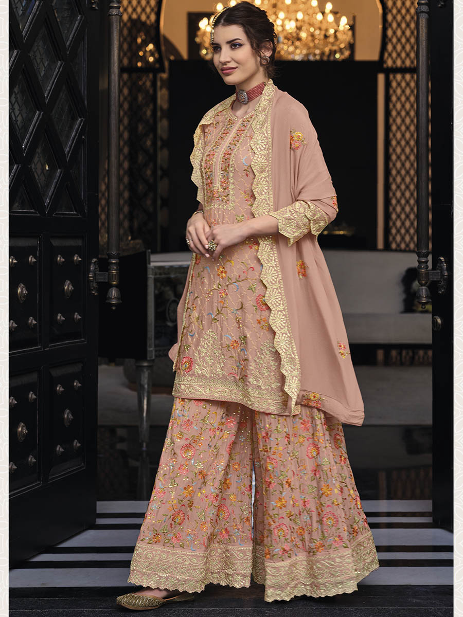 Myra Dusty Peach Chinon with Georgette Embroidered Palazzo Suit | Grocsy