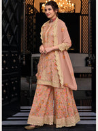 Myra Dusty Peach Chinon with Georgette Embroidered Palazzo Suit | Grocsy