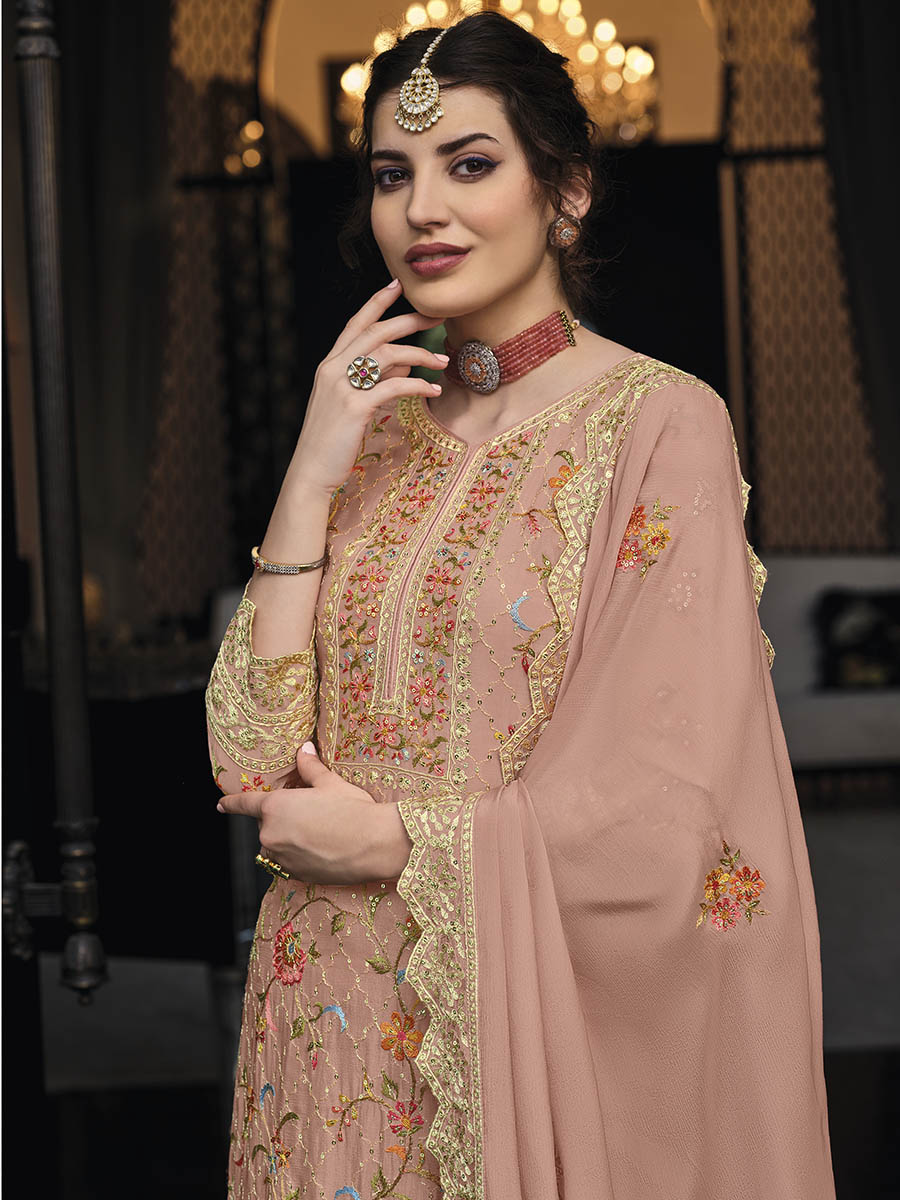 Myra Dusty Peach Chinon with Georgette Embroidered Palazzo Suit | Grocsy