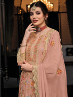 Myra Dusty Peach Chinon with Georgette Embroidered Palazzo Suit | Grocsy
