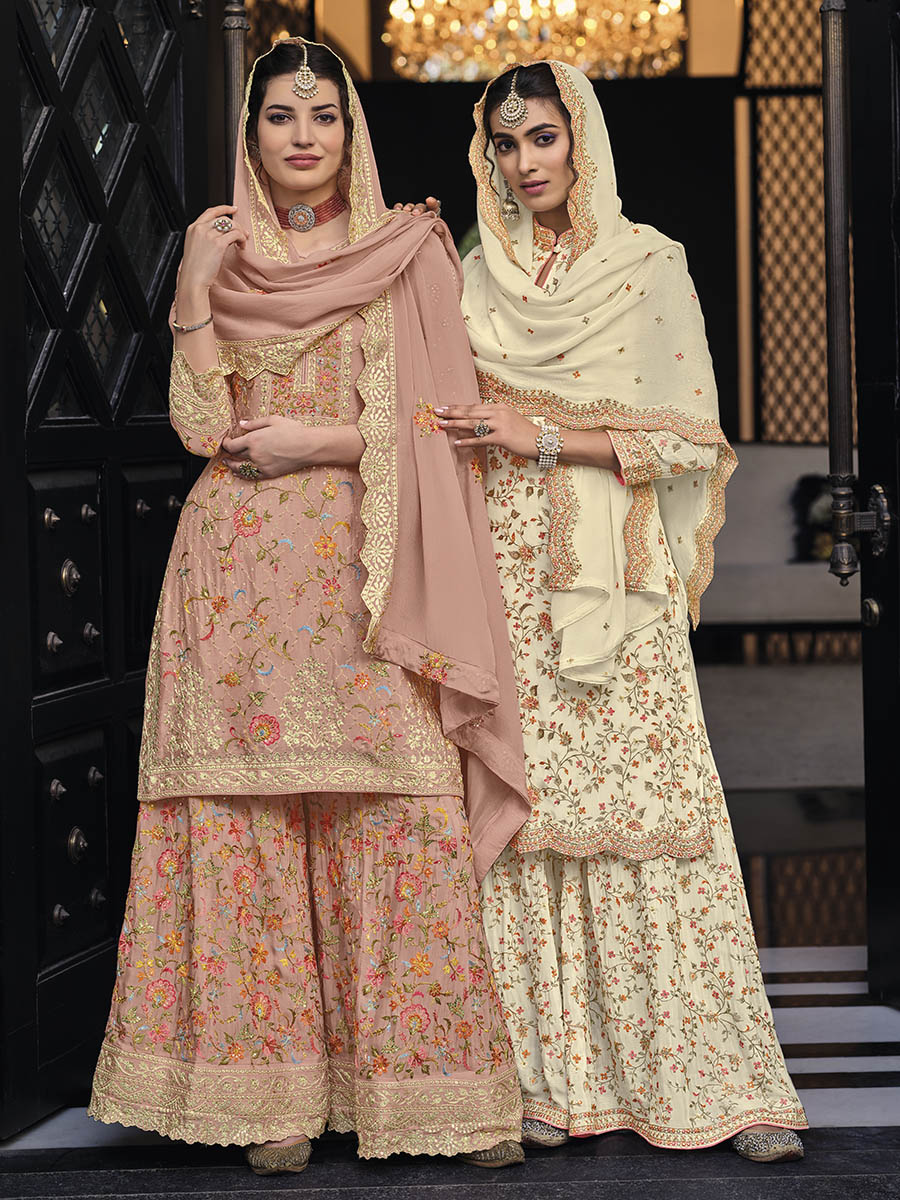Myra Dusty Peach Chinon with Georgette Embroidered Palazzo Suit | Grocsy