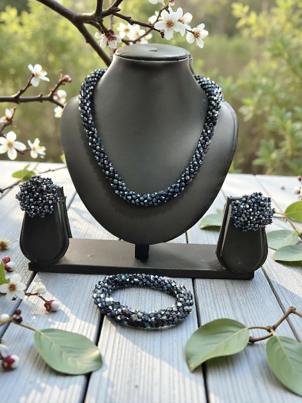 Inhanns Complete Look Crystal Statement 3-Piece Set (Adjustable Necklace + Earrings + Adjustable Bangle ) - Navy Blue | Grocsy
