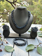 Inhanns Complete Look Crystal Statement 3-Piece Set (Adjustable Necklace + Earrings + Adjustable Bangle ) - Navy Blue | Grocsy
