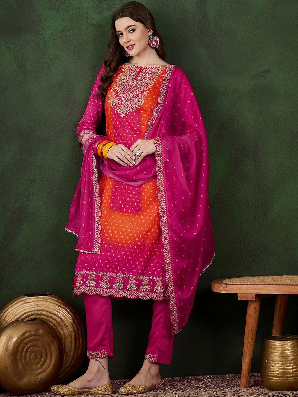 Sangria Floral Printed Zari & Sequinned Straight Kurta & Palazzo With Dupatta | Grocsy