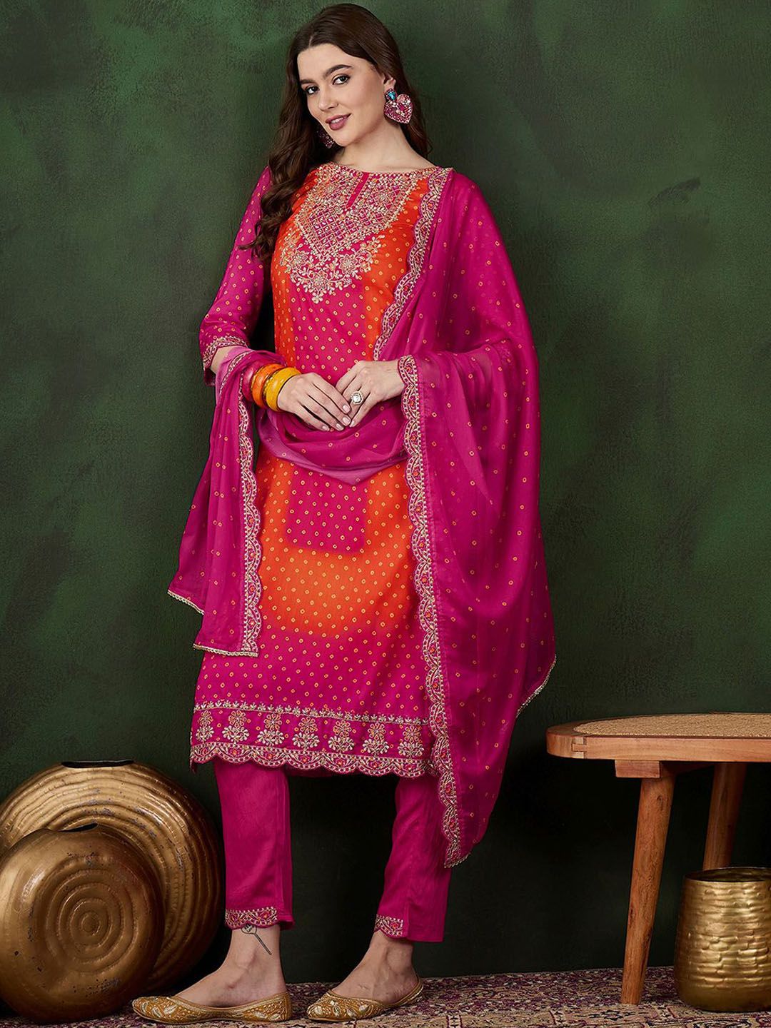 Sangria Floral Printed Zari & Sequinned Straight Kurta & Palazzo With Dupatta | Grocsy