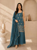 Teeya Creation Teal Blue Embroidered Georgette Straight Kurta With Palazzo And Dupatta Set | Grocsy