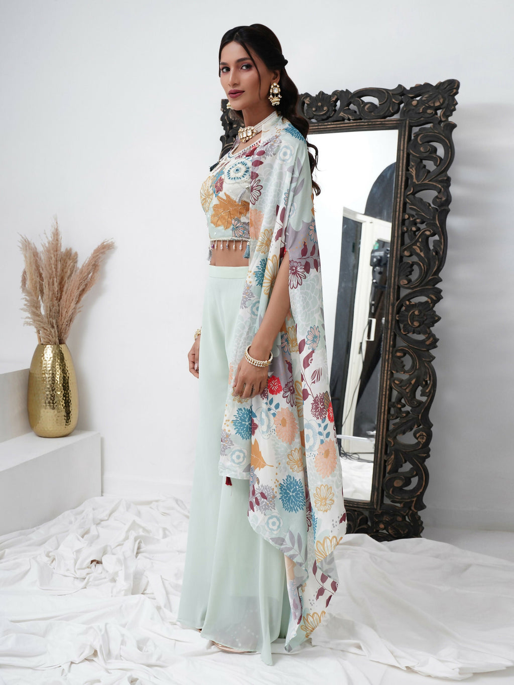 Sea Green Digital Chinon Handwork Top with Palazzo & Shrug - Naomika | Grocsy