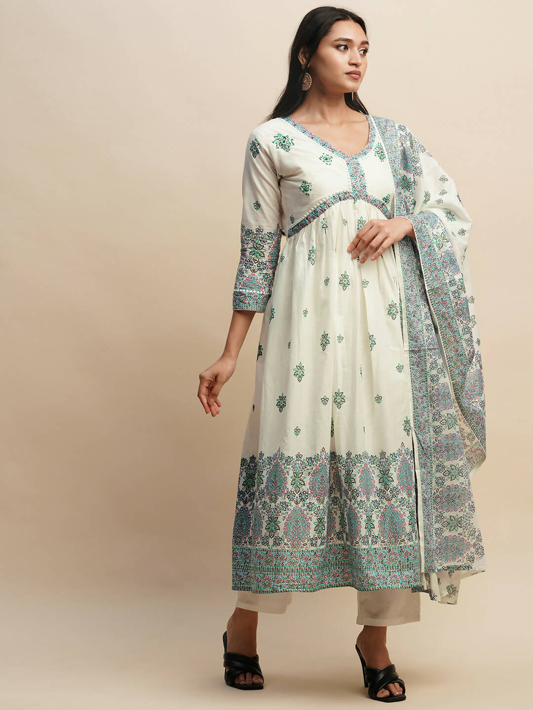 White And Blue Pure Cotton Floral Printed Anarkali Kurta And Bottom With Dupatta - Akashara | Grocsy