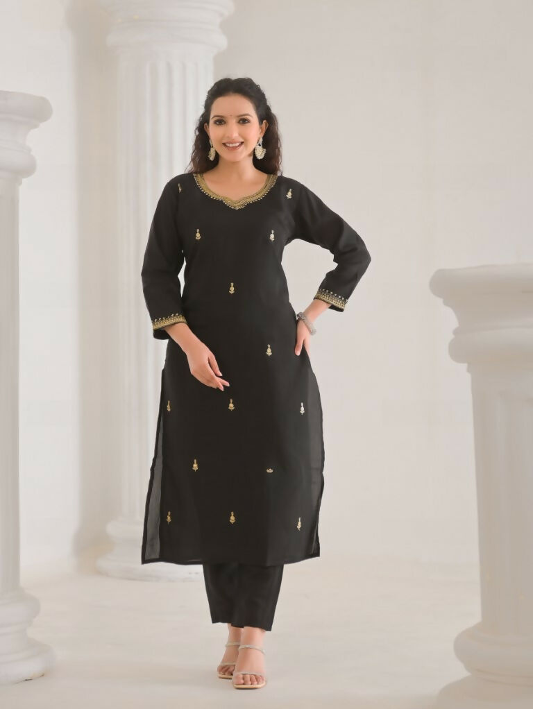 Ethnic Festive Wear Viscose Chanderi Black Stitched Suit With Dupatta - Tanisha | Grocsy