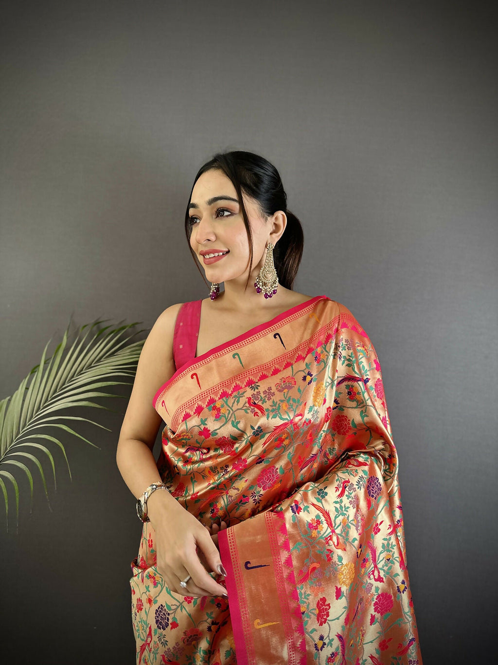Joban Fashion Rani Pink Floral & Leaf Designs Soft Silk Paithani Saree | Grocsy