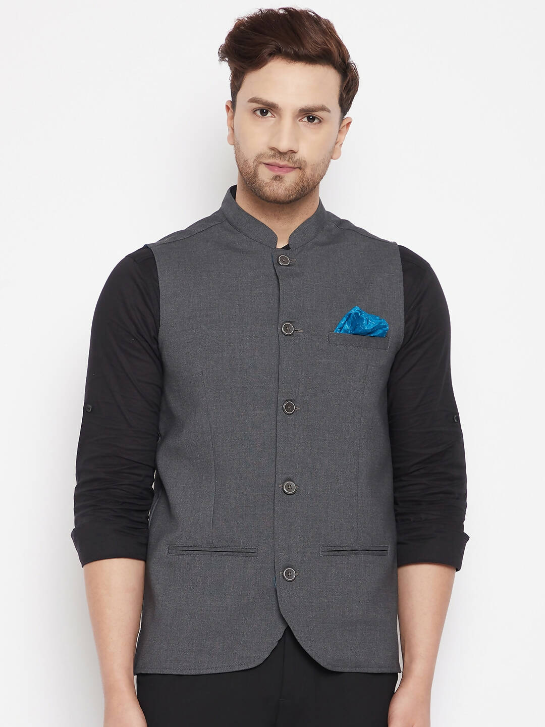 Even Apparels Grey Merino Men's Nehru Jacket-Contrast Lining-Free Pocket Square PW691 | Grocsy