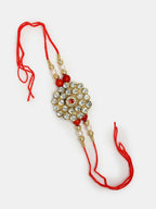 NVR Women & Men Set of 2 Red & Gold-Toned Stone-Studded & Beaded Bhaiya Bhabhi Rakhi With Roli Chawal & Chocolate | Grocsy