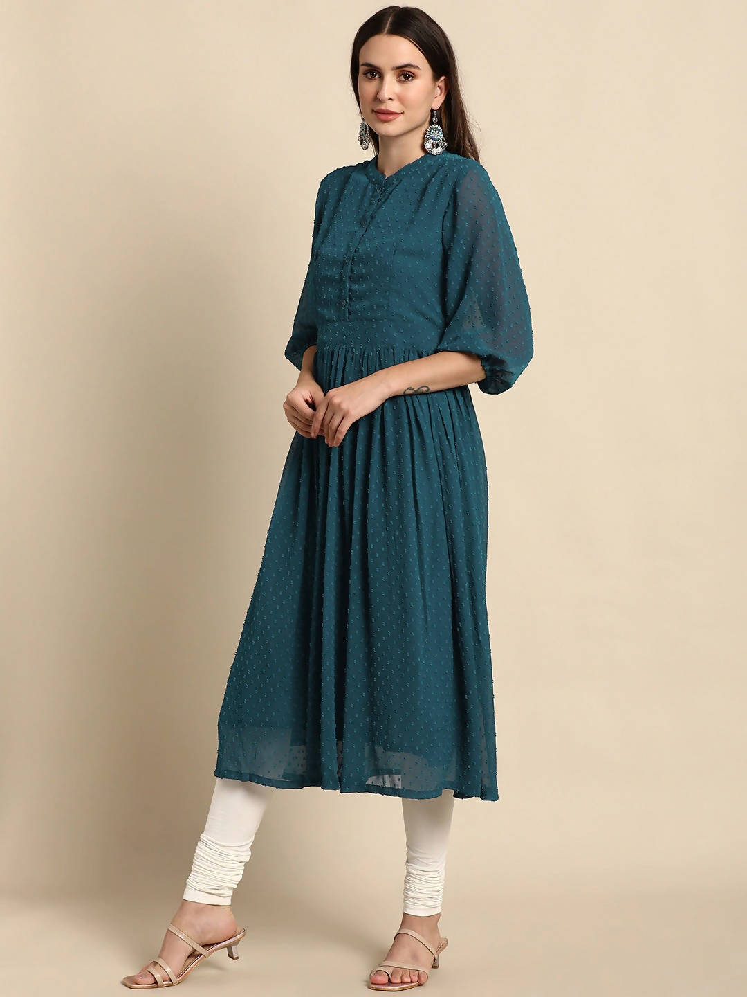Janasya Women Teal Dobby Weave Kurta | Grocsy