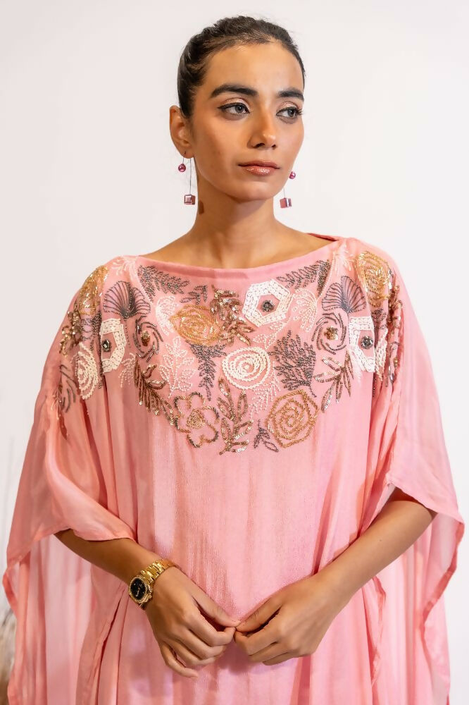 Timaraa Blush Pink Sequined & Beaded Kaftan Dress | Grocsy